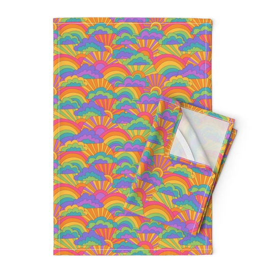 70S 60S Sunrise Tea Towels | Set Of 2 - Happy Groovy Rainbows By Cressida_Carr Pink Green Retro Sun Linen Cotton Spoonflower
