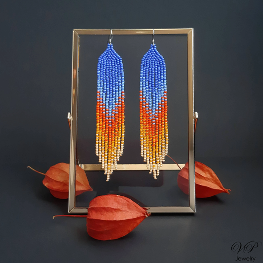 Violet Orange Seed Bead Earrings Chandelier Gradient Fringe Stylish Bright Earrings Dangle Beadwork