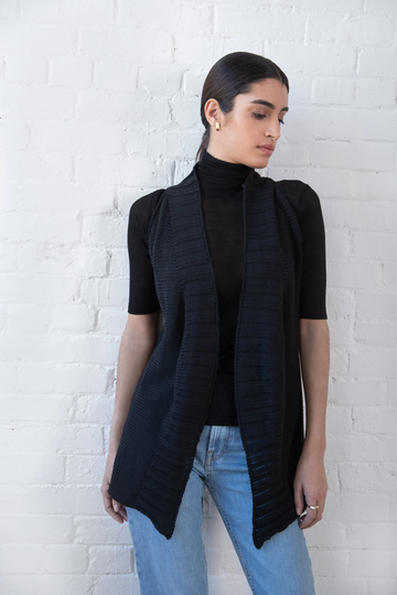Final Sale Vest, Hand Knit Organic Cotton Summer Jacket, Black Sleeveless Taylor Marcella - Mc1278