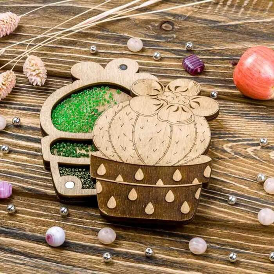 Wood Bead Organizer Tray With Wooden Lid "Cactus