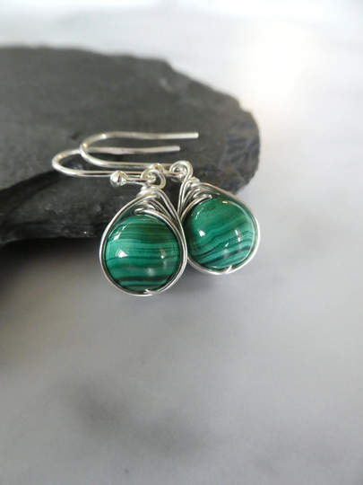 Malachite Earrings, Sterling Silver Green Gemstone Earrings, Emerald Earrings, Silver Wire Wrapped Earrings