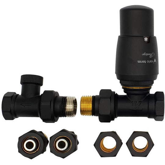Varioterm - Straight Version Black Powder Coated Brass Thermostatic Lockshield Valve Radiator Set + Copper (Cu) and pex Connectors
