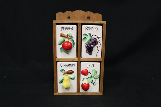 Vintage Gnco Japan Ceramic Fruit Small Spice Rack With Wooden Holder | V3160