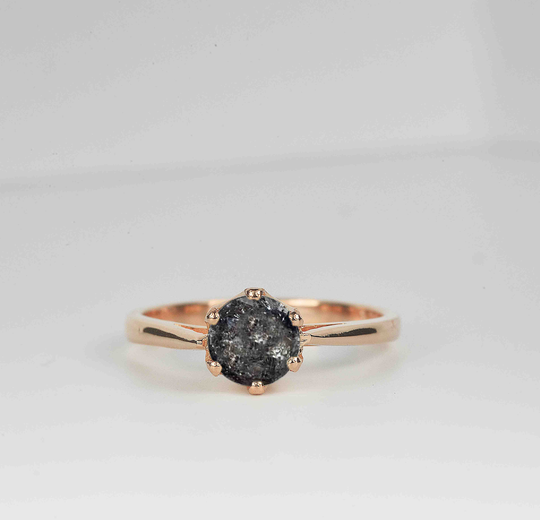 Salt & Pepper Diamond Six Prongs Dainty Engagement Ring | Round Galaxy Solitaire 9K/14K/18K Rose Gold Bridal Art Deco