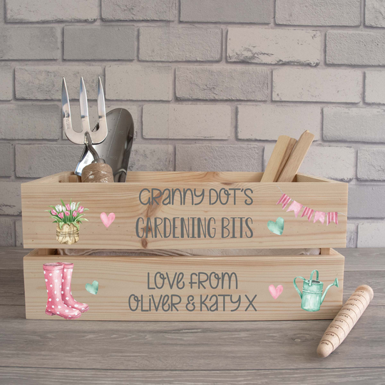 Personalised Watercolour Spring Gardening Bits Wooden Garden Crate | Tool & Seed Box Gift
