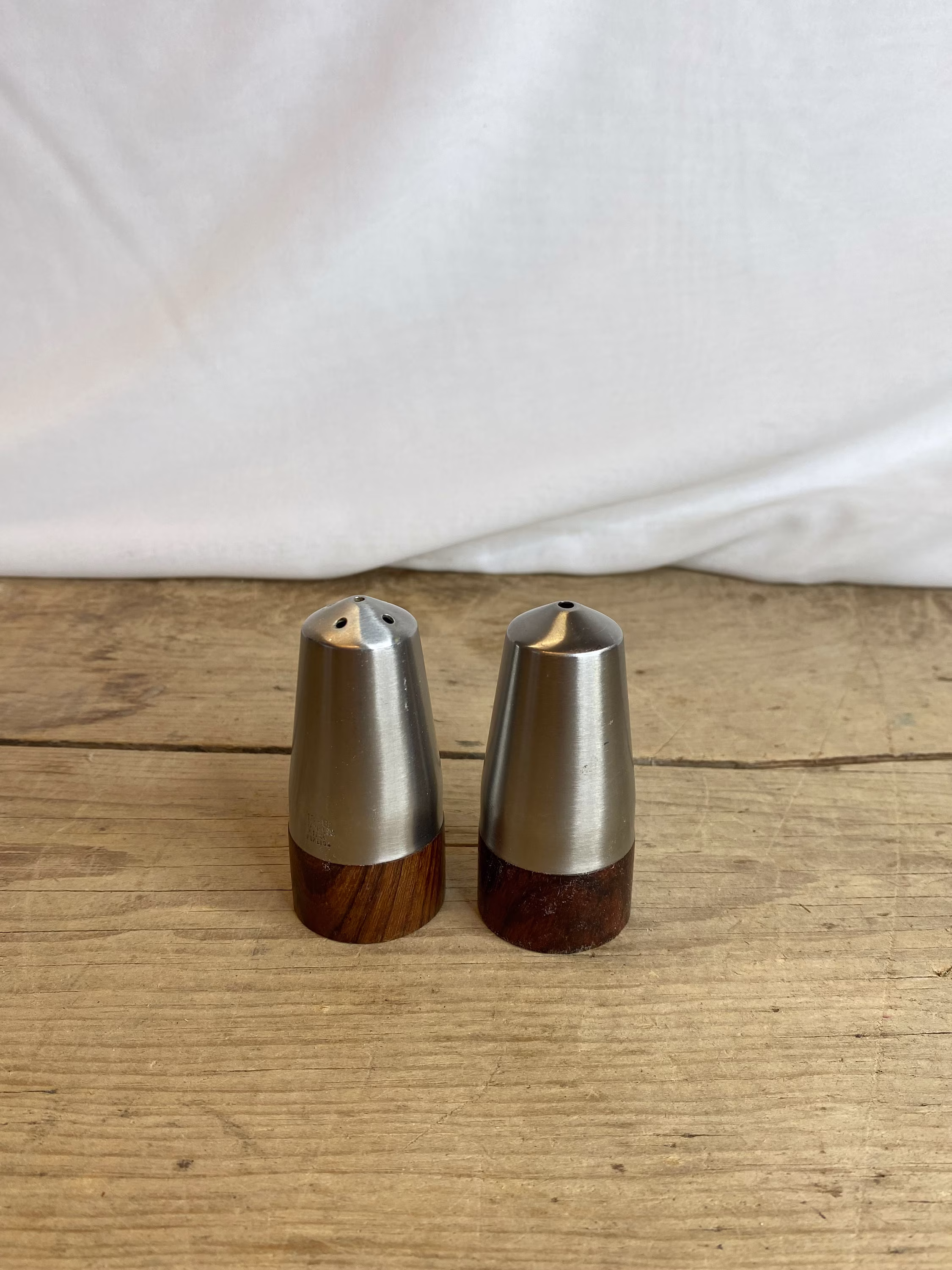 Vintage Danish Pair Of Stainless Steel & Teak Cruet Set - Salt Pepper Good Condition