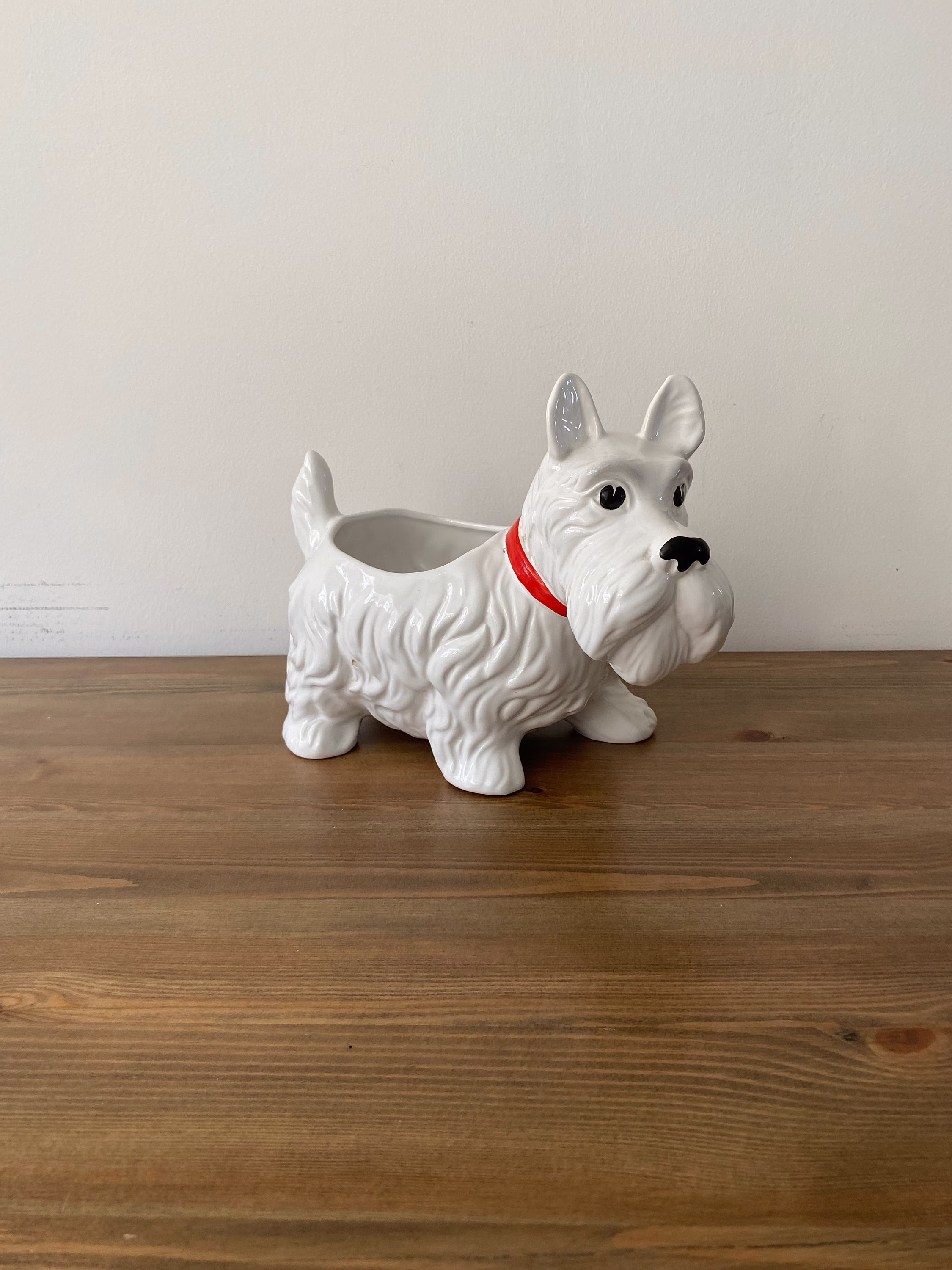 Gorgeous White Ceramic Scottie Dog Planter With Red Bow