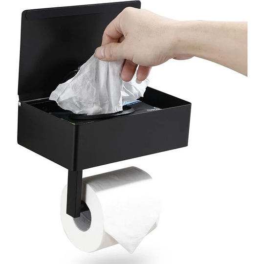 Aougo - Toilet Paper Holder with Shelf - Wet Wipes Dispenser and Storage for All Bathrooms - Stainless Steel Wall Mounted Organizer - Matte Black,