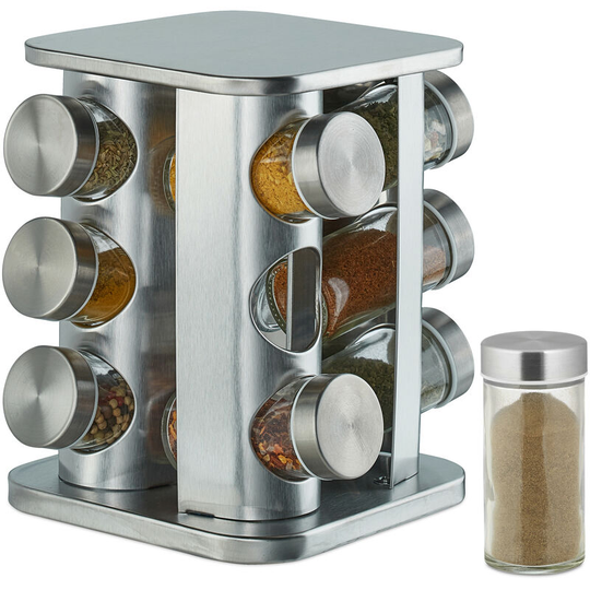 Spice Rack, 12 Glass Jars, Rotatable, Stainless Steel, h x d: approx. 22 x 19 cm, Silver - Relaxdays