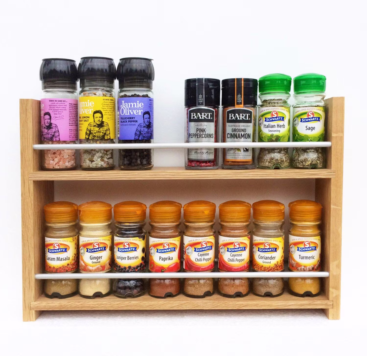 Solid Oak Spice Rack 2 Shelf Deep Shelves Open Top For Larger Jars Bottles & Packets Kitchen Storage Herbs Spices Worktop Door Or Wall Mount