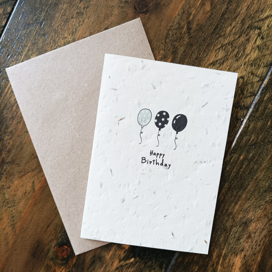 Balloon Design Happy Birthday Plantable Wildflower Seed Greeting Gift Card, A6, Recycled, Compostable, Zero Waste. Vida Natural