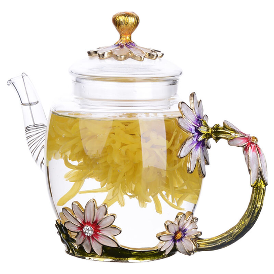 Glass Teapot - 280 ml (9.47 oz) - Glass Teapot With France Enamel Chrysanthemum Flower/Heat Resistant Glass Teapot Kettle with Strainer for Blooming