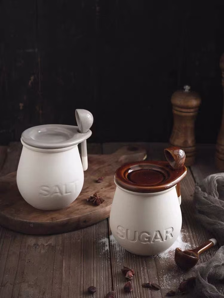 Sugar Jar Salt Set With Spoon & Lid Ceramic Bowl Jars Spice Handmade Box With