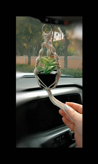 Mini Macrame Plant Hanger Rear View Mirror Car Cactus Charm Decorations Boho Hanging Holder, Tiny Succulent Gifts For Lover