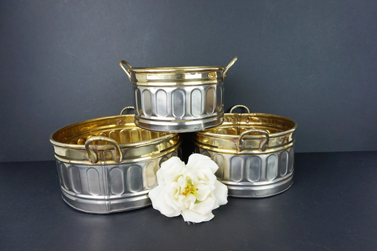 Vintage Trio Of Brass & Tin Planters // Metal Pots Plant Storage Pots