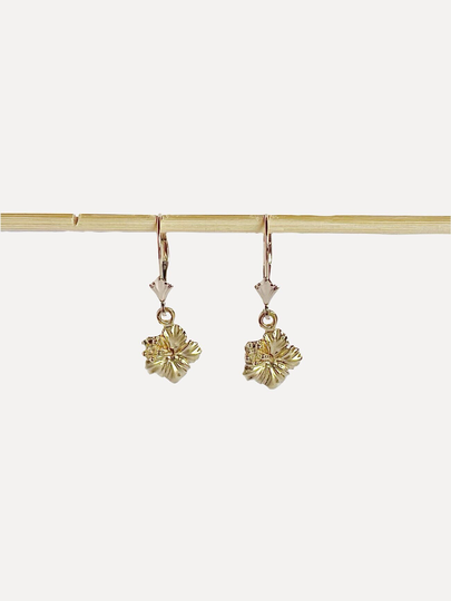 Hawaiian Hibiscus Leverback Dangle Earrings - Solid 14K Gold