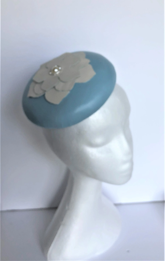 Powder Blue Leather Pillbox Hat With Flower Design On A Headband Bespoke Suitable For Ascot Races Weddings, Hat