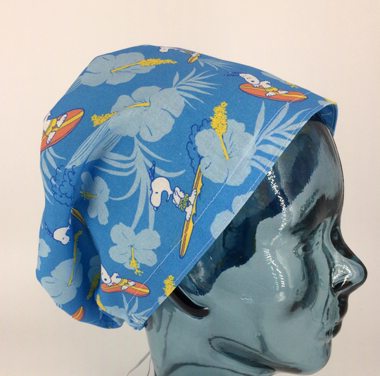 Snoops Up Euro Modified Bouffant Scrub Hat Cap Hawaiian Surfing Snoopy Peanuts Hibiscus Blue Anesthesia Nurse Or Er Icu Vet