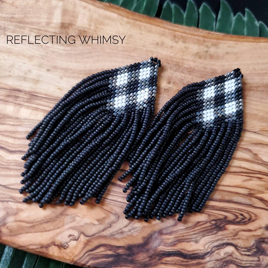 Buffalo Plaid + Matte Black, Seed Bead Fringe Earrings