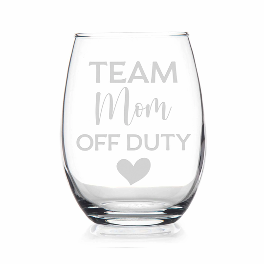 Team Mom Off Duty Stemless Wine Glass - Cheerleading Coach, Coach Gift, High School End Of Season Cheer Mom