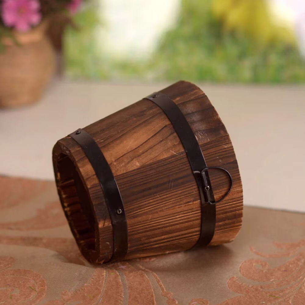 New Small Barrel, Primaries, Wooden Ornamental Flower Pot, Vintage Succulents Box 10x12x9cm For Indoor & Outdoor