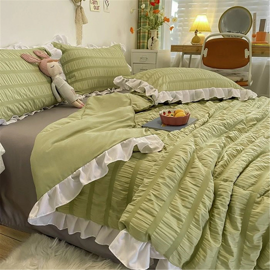 Green Tea Color/White/Pink/Purple/Gray Summer Bedding Throws Comforter Insert Light Quilts Set Princess Ruffled Pleated Filling