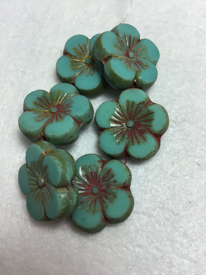 21mm Czech Flower Beads Turquoise With Picasso Wash