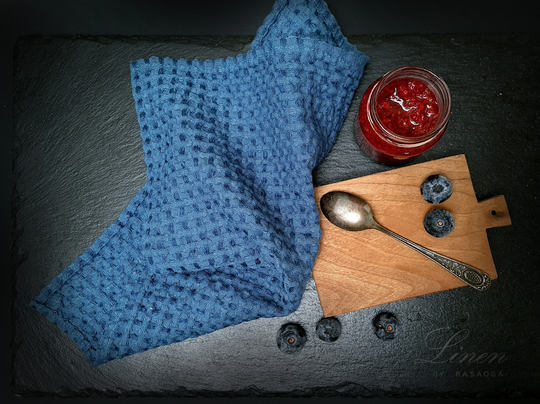 Linen Waffle Towel/Organic Kitchen Towels. Dishtowel, Linen Hand Blue Natural Cotton Size 12x12 Inch