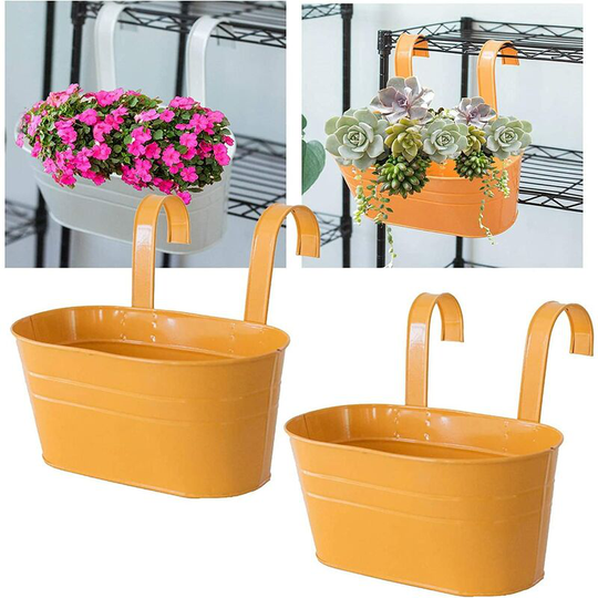 Devenirriche - Set of 2 Metal Iron Hanging Flower Pots, Balcony Railing Hanging Flowerpot with Detachable Hook, Metal Fence Bucket Planters, Wall