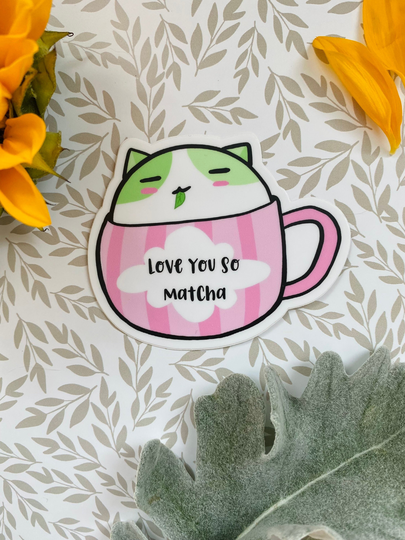 Love You So Matcha Sticker, Water Bottle Cat Cafe Cup Donation Sticker