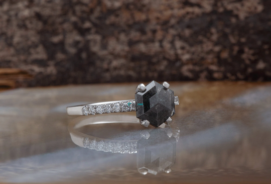 2Ct Hexagon Diamond-Salt & Pepper Diamond Engagement Ring-Salt Pepper Ring-Hexagon Ring-Shield Ring