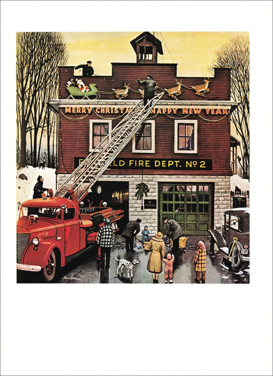 Fire Department Christmas Seasonal Decor Holiday Decoration Vintag Print 50S Illustration Winter Snow Usa Americana Americanart