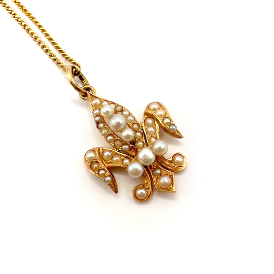 Victorian 15Ct Gold & Seed Pearl Fleur De Lis Pendant