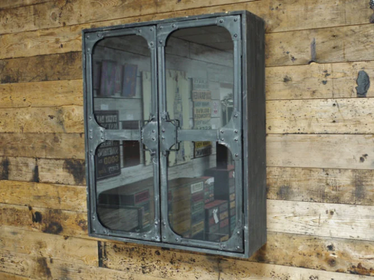 Industrial Wall Cabinet Rustic Glass Display Cupboard Retro Style Shelving Unit 2 Doors Urban Metal Wood Medicine Storage Box Furniture