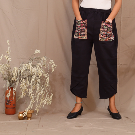 Organic Kala Cotton Summer Trouser With Embroidery Patch Pockets For Women| Bottom Twisted Curve | Comfort Daily Wear| Made To Order| Custom
