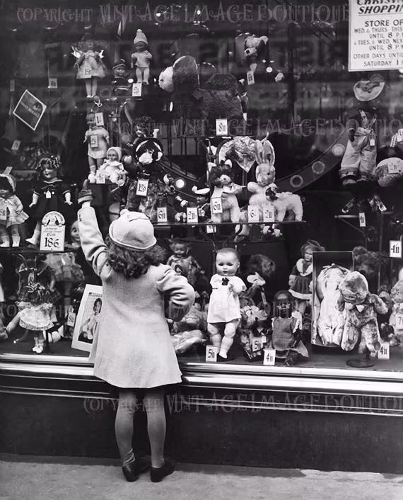 Adorable 1930's Photo Of A Little Girl in Front Toy Shop Window Christmas Season Winter Solstice Holiday 5x7 Greeting Card