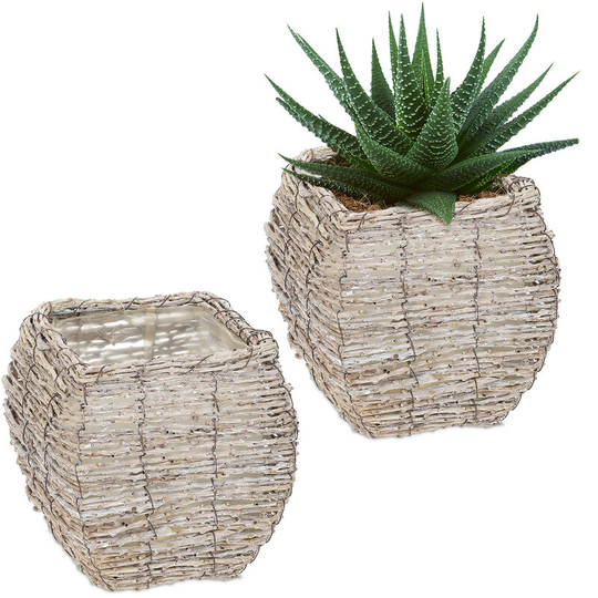 Relaxdays - Set of 2 Plant Pots, Rattan, Flower Baskets with Foil, hdw: 20x20x20cm, Indoors Square Planters, White/Natural