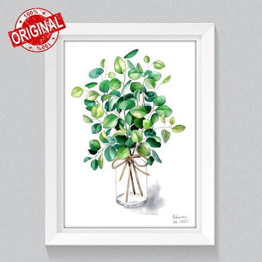 Original Watercolor Painting, Eucalyptus Watercolor, Flowers in Vase Minimalist Wall Art, Bouquet