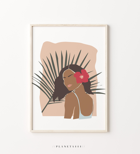 Cutout Hibiscus Girl Art Print Tropical Holiday Wall Summer Colorful Poster Woman Beach Swimsuit Artwork Face
