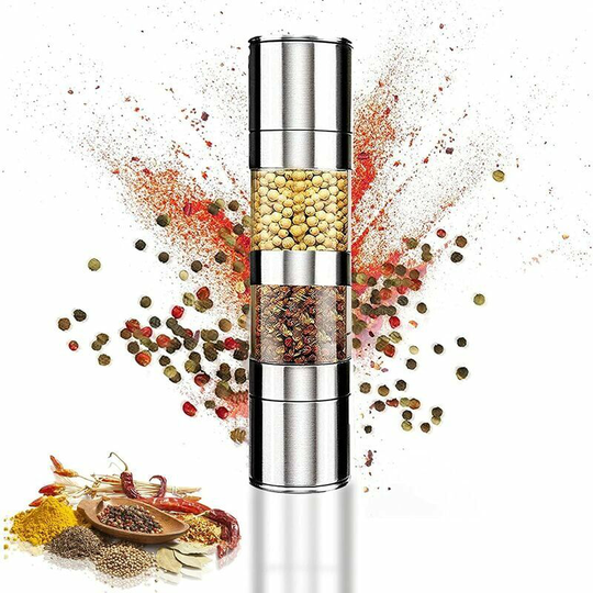 Echoo - Pepper Mill, Manual Salt Mill, 2 in 1 Spice Mills Double Head Ceramic Core n Adjustable Grain Size, Brushed Stainless Steel and Clear Acrylic