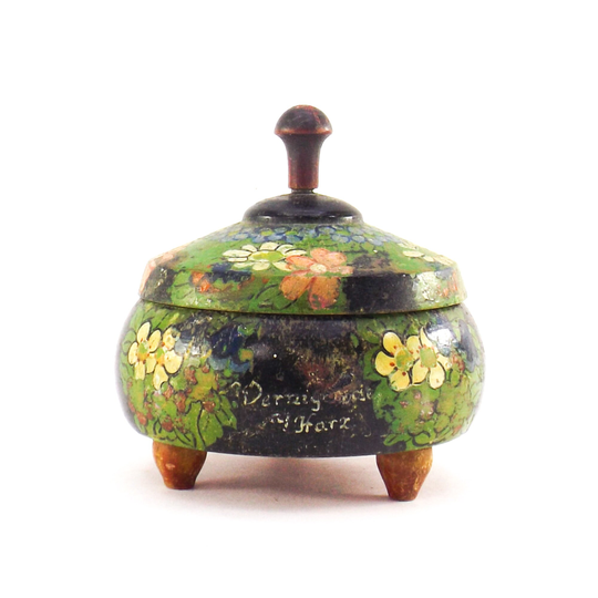 Vintage Hand Painted Wood Trinket Box French Powder Floral Finial & Feet Round Wooden