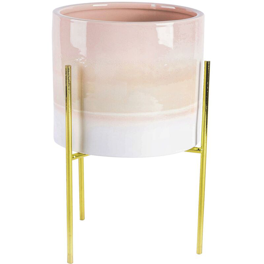 Reactive Glaze Plant Pot on Stand - 19cm - Natural/Gold - Nicola Spring