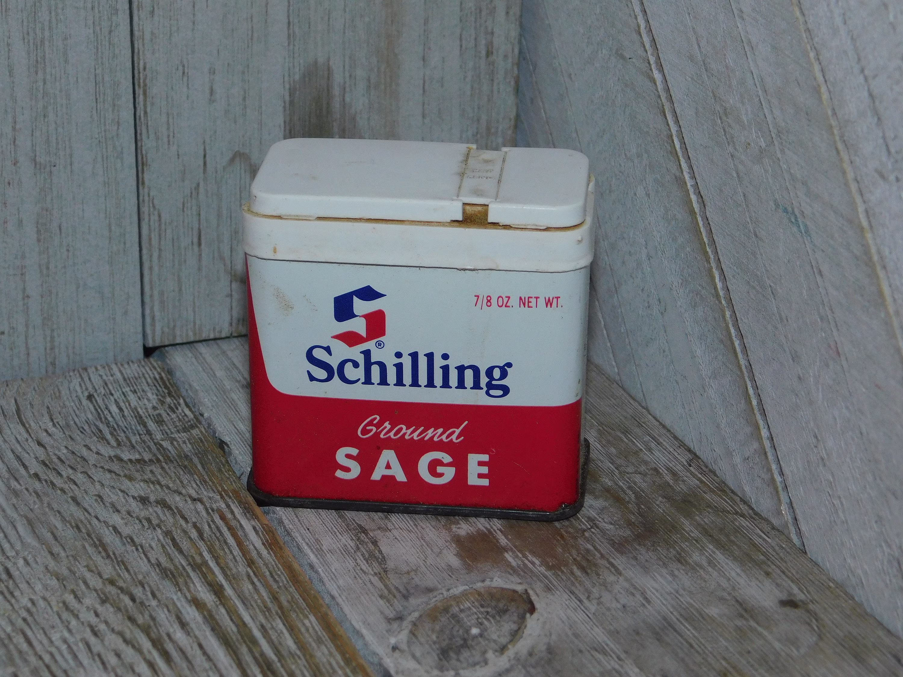 Vintage Schillings Ground Sage Tin Can Seasoning, For Display Only, Vtg Spice Can, Kitchen, Daysgonebytreasures D