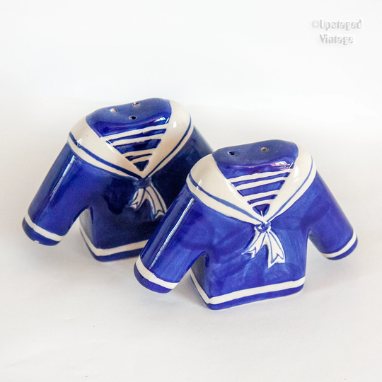 French Vintage Blue Ceramic Sailor Suit Design Salt & Pepper Shaker Pots Cruet Set