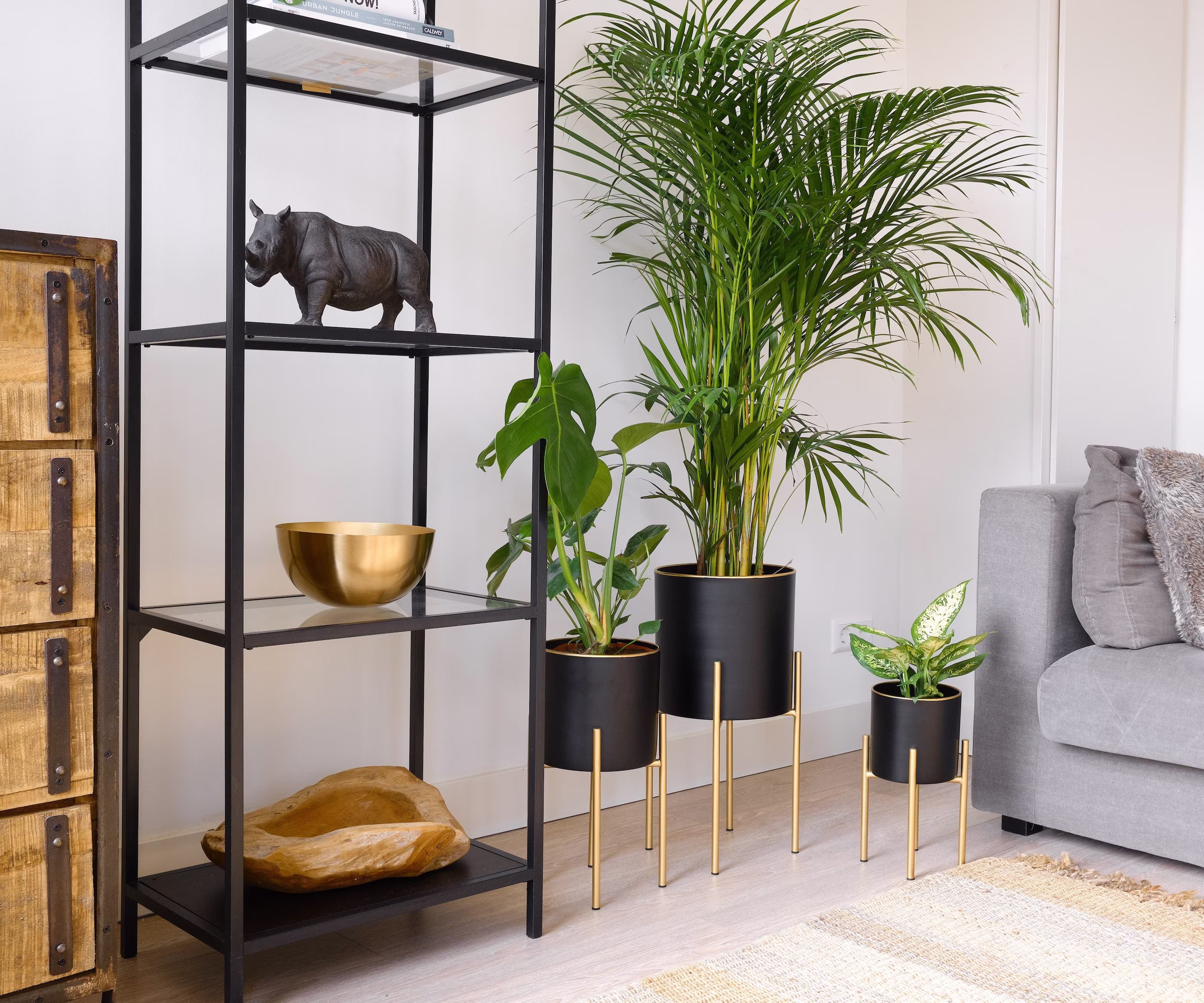 Set 2 Large Metal Black Planters With Gold Stand, Farmhouse Decor For Garden, Patio, Porch, Balcony, Pots Stand