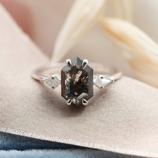 14K White Gold Hexagon Engagement Ring Geometric Salt & Pepper Diamond Three Stone