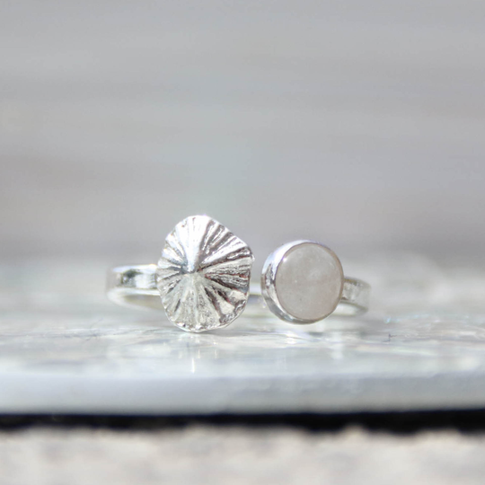 Salt & Spirit - Saltwater Souls Fine Silver | .999 Limpet Shell Cast & Moonstone Gemstone Adjustable Hammered Sterling Ring