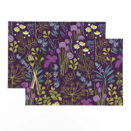 Herb Garden Placemats | Set Of 2 - Herbs By Cjldesigns Modern Botanical Green Purple Summer Fresh Kitchen Cloth Spoonflower