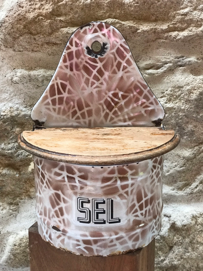 Enamel Salt Pot Sel Cellar French Country Farmhouse, Circa 1950's