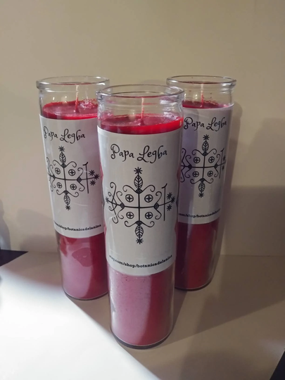 Papa Legba Ritual Candle Tall Glass 8'' Red Wax With Oils & Herbs Fixed